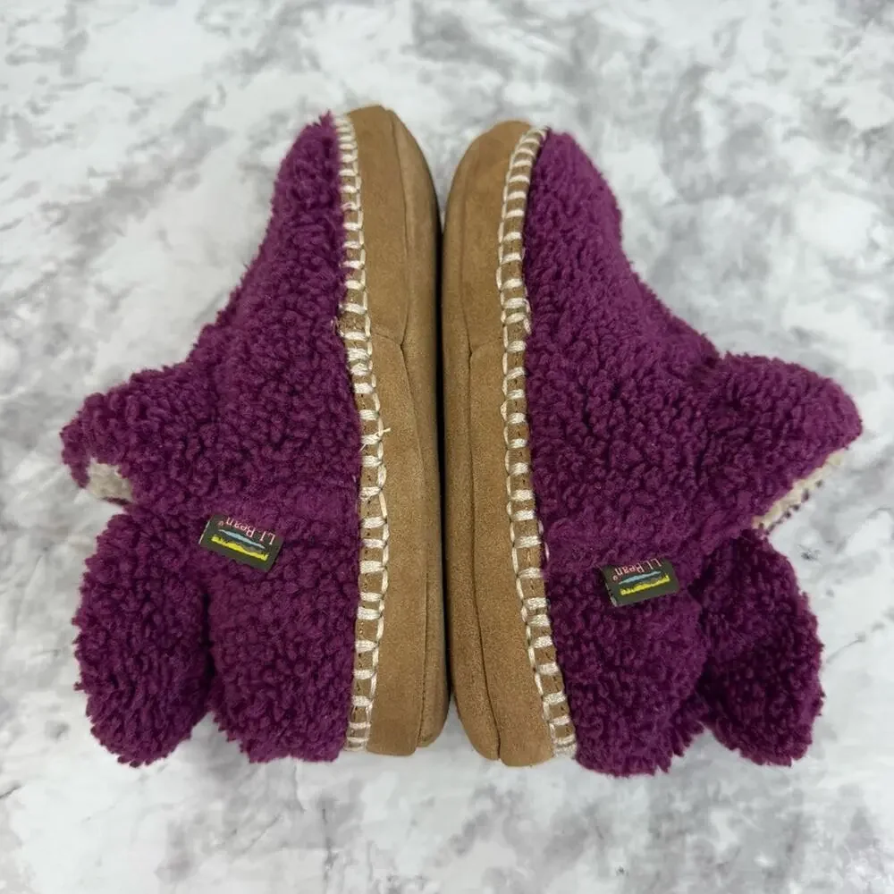 L.L.BEAN Kid’s Cozy Slipper Booties, Pile Fleece Plum Leather Sole Sz 12/13
